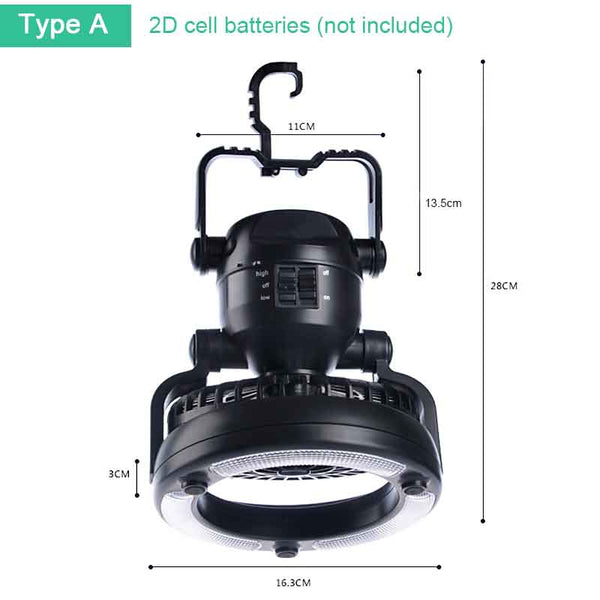 Portable Fan Camping Lantern Outdoor Hanging Flashlight Battery Power / USB Rechargeable Camping Tent Lamp for Hiking Lantern